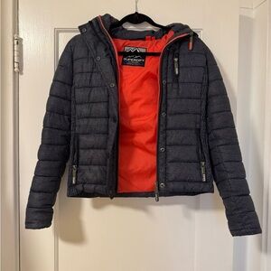 Superdry Black Puffer Jacket with Orange Lining-Like New!